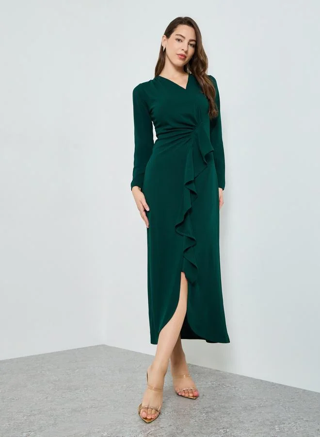 Styli Women Dark Green Ruffled Front Maxi Dress